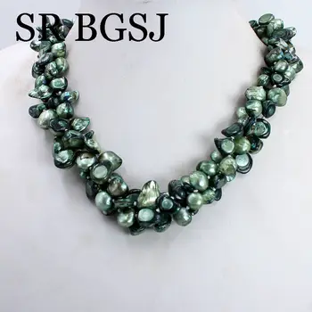 

Free Shipping 8-16mm Freeform Green Teeth Pearl 3-Strand Knot Toggle Clasp Jewelry Chokers Necklace 17inch