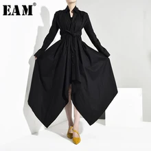 [EAM] женское черное Бандажное асимметричное платье-рубашка, новинка, отложной воротник, длинный рукав, свободный крой, мода весна-осень JY7780
