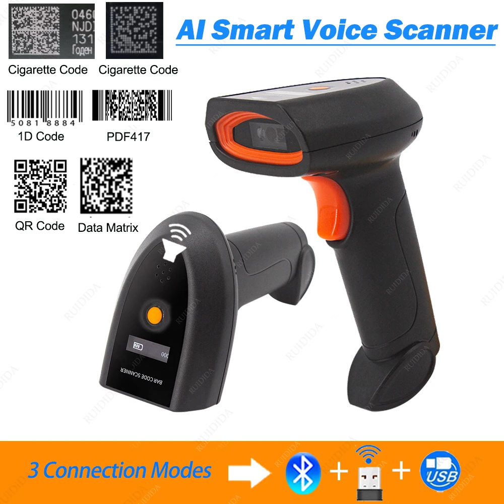 high speed scanner AI Intelligent Voice Barcode Scanner 2d Wireless Code Reader Scanner Wireless 2D Bluetooth Bar code Scanner QR Code Reader 2d portable document scanner