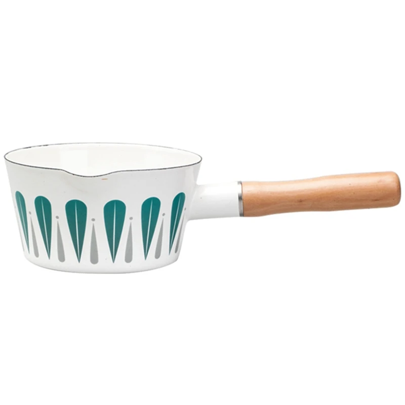 Botique-1L эмалированная кастрюля для молока с узором листьев, детская кастрюля для приготовления еды, сковорода, сковорода с деревянной ручкой, маленький суповый горшок, масляная фритюрница
