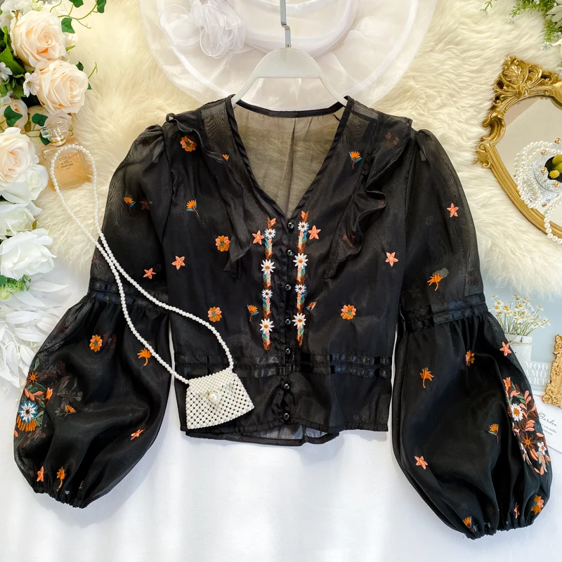 Neploe цветочной вышивкой Для женщин блузка с буффами на рукавах, топы французский Винтаж v-образным вырезом осень оборками рубашка короткие женские Blusas 55638