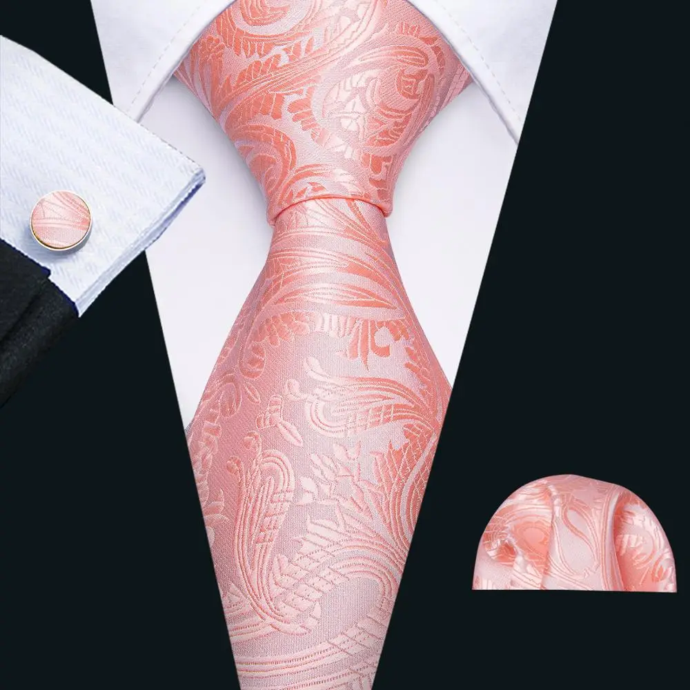 Coral Pink Silk Necktie Jacquard Woven Floral Ties For Men Tie Handkerchief cufflink set Barry.Wang Fashion Designer FA-5277 | Аксессуары