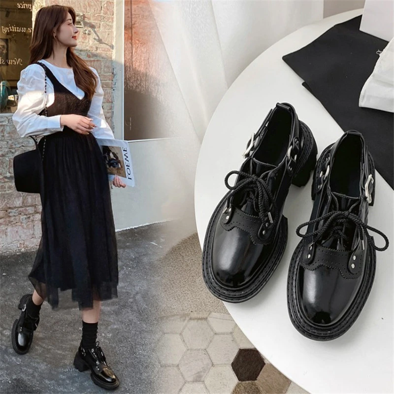 Zapatos de tacón grueso con cordones y punta redonda para mujer, de con hebilla de Color sólido, Primavera, 2021|Zapatos de de mujer| - AliExpress