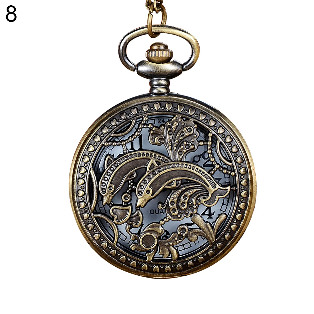 Vintage Unisex Hollow Design Bird Butterfly Pattern Flip Case Pockets Watch Arabic Number Quartz Chain Pockets Watch With Chain