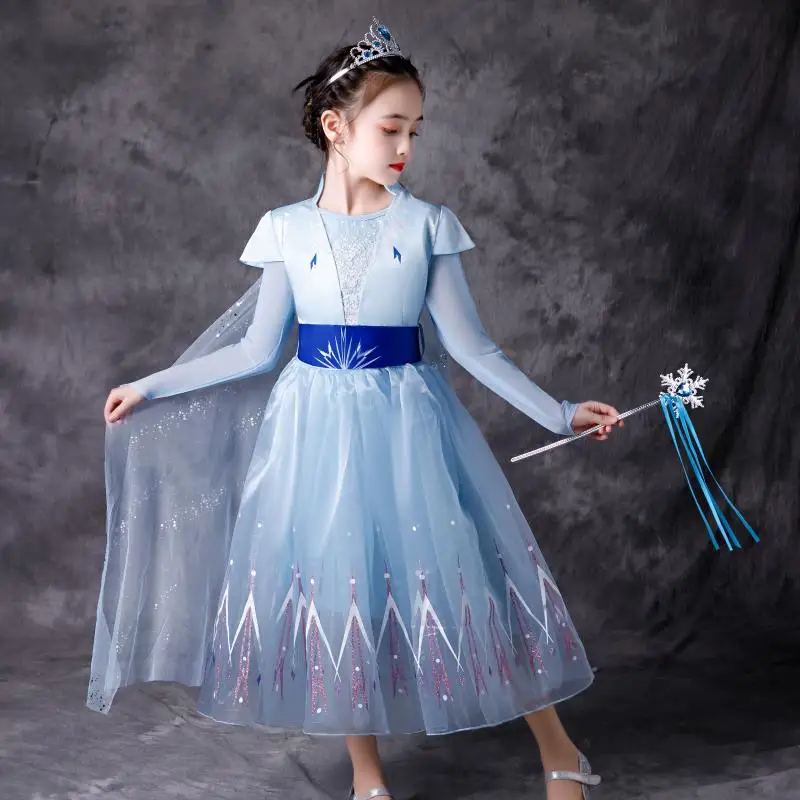 Elsa Dress2 Girls Princess Dresss With Cape Grown Wands For Girl Costume Carnival Fancy Party Dress Kids Dresses Child Clothingi
