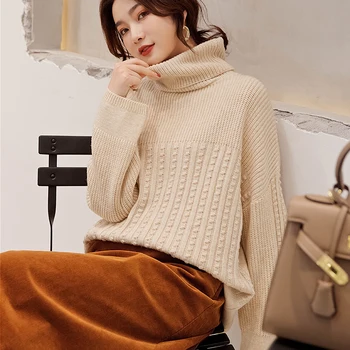 

Women Jumpers 100% Cashmere and Wool Knitting Sweater Turtleneck Loose Pullovers 4Colors New Ladies Clothes