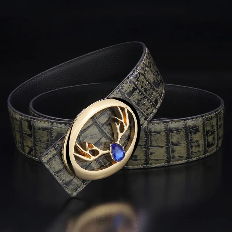 Gray Golden-buckle Высококачественные ремни с пряжкой на голову оленя мужские ремни с пряжкой из натуральной кожи дизайнерские модные простые черные ремни для отдыха - Цвет: Gray Golden-buckle