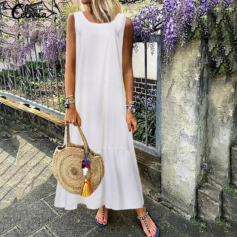 Plus Size Sundress Women Retro Linen Long Maxi Dress Celmia Summer Sleeveless Casual Loose Pleated Shirt Vestido Robe Femme