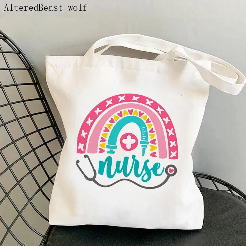 

Women Shopper bag Nurse Rainbow Printed Kawaii Bag Harajuku Shopping Canvas Shopper Bag girl handbag Tote Shoulder Lady Bag