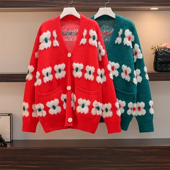 

Large Size 2020 New Autumn Long Sleeve Flower Knitted Cardigan Plus Size 4XL Oversize Sweater Cardigans Oversize Tops Cardigan