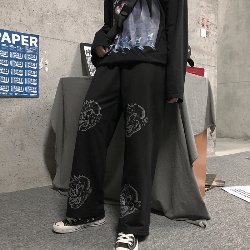 Neploe Harajuku, женские брюки с принтом черепа, весна, повседневные, тянущиеся, с талией, широкие, для женщин, мужчин, брюки, свободные, прямые, брюки 80592