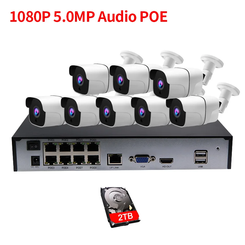 H.265 8CH 5MP CCTV камера система POE NVR комплект Открытый водонепроницаемый 5MP POE IP камера P2P видеонаблюдения