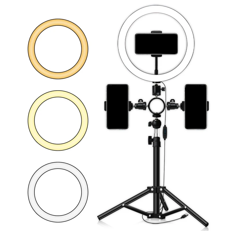 ABHU-Selfie LED Ring Light with Tripod Stand 3 Phone Holders for Photography Camera Video Recording Makeup Live Stream Lighting