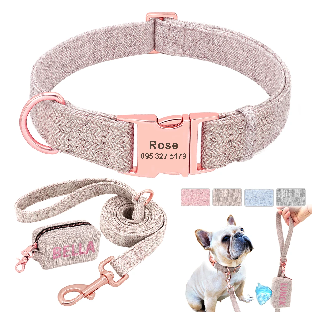 Conjunto de correa para Collar de perro personalizado, Bolsa para popó de mascotas personalizadas para perros pequeños, medianos y bolsas de para al aire libre, suministros para mascotas, Pug|Conjuntos| -