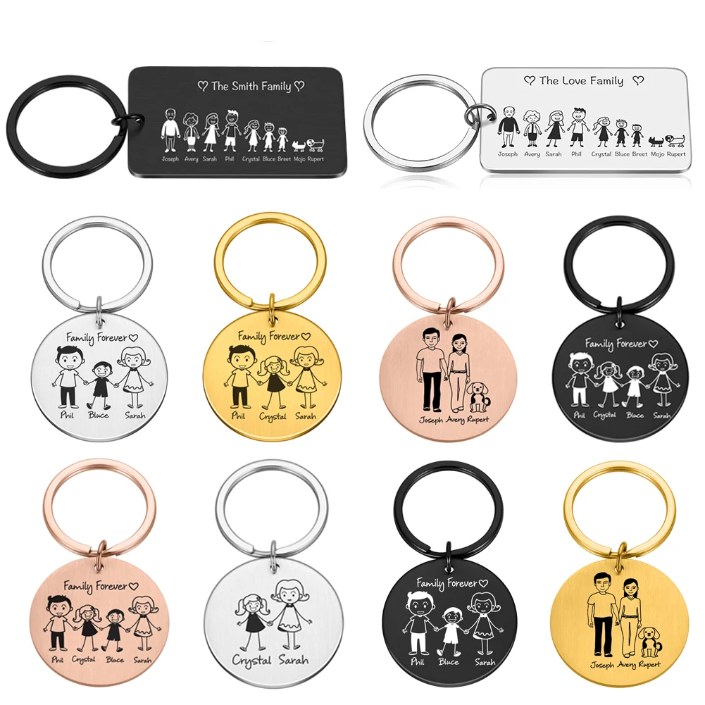 Llavero personalizado con grabado familiar para padres y niños, llavero con bolsa, regalo para miembros familiares