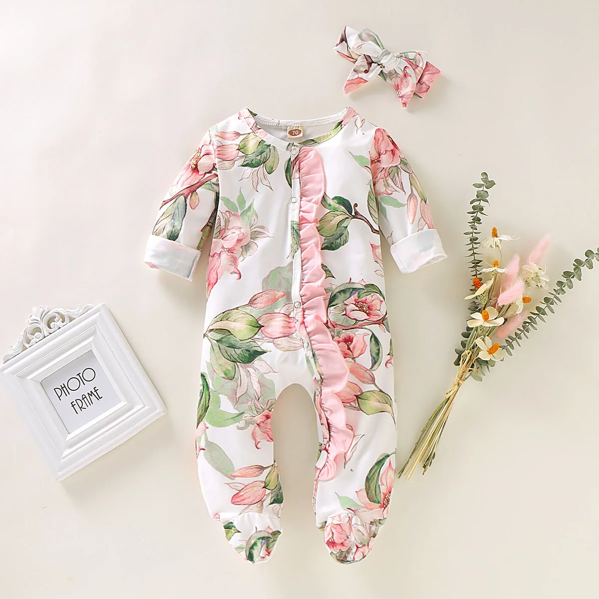 Spring Autumn Newborn Cotton Floral Baby Girls Rompers Toddler Baby Pajamas Headband 2pcs Long Sleeve Jumpsuit Kids Baby Clothes Baby Bodysuits cheap