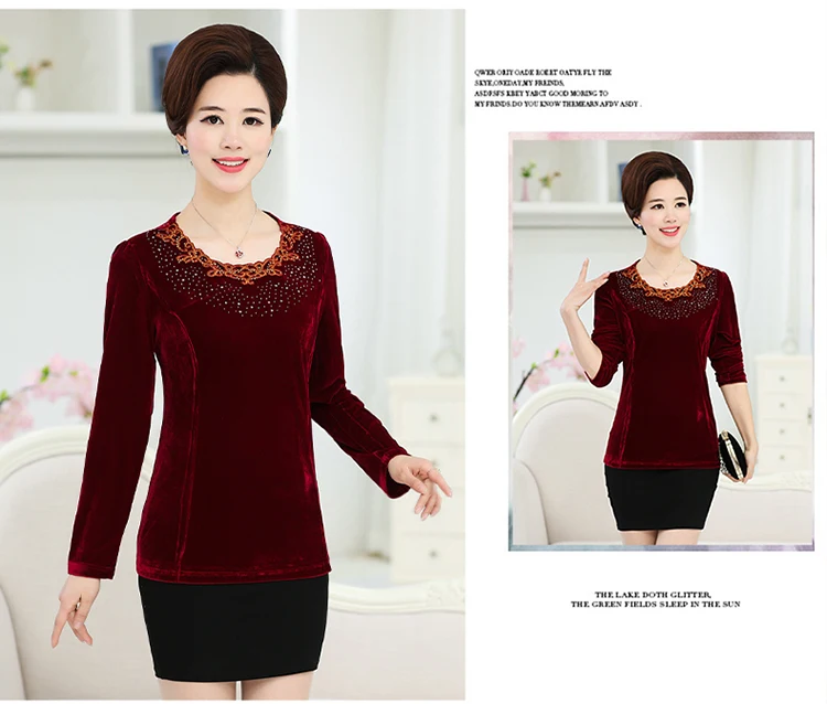 Velvet Long Sleeve T-Shirt Spring New Middle Aged Mother Large Size Women O Neck Diamond Bottom Top Pullover WF540