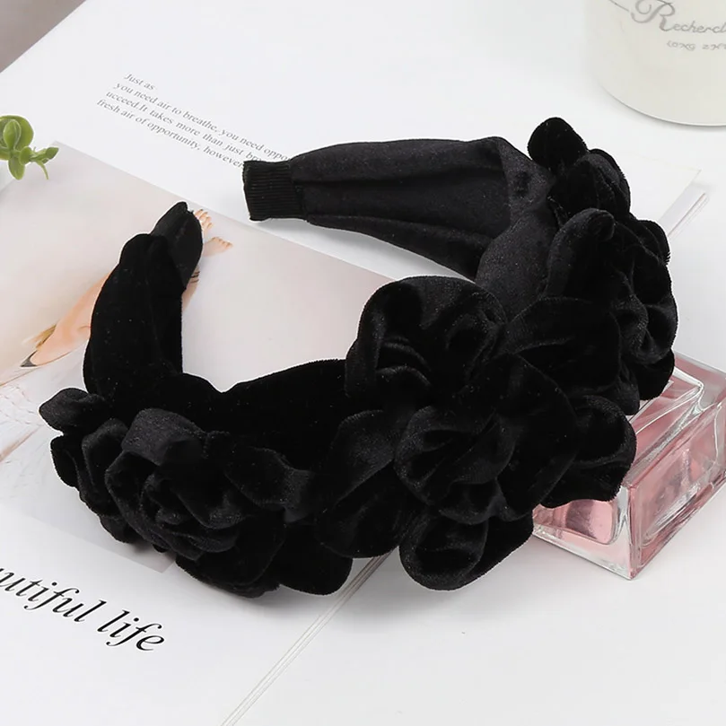 B AWAYTR New Solid Color Peony Flower Velvet Hairband for Women Winter Headdress Ladies Ball Party Retro Fashion Accessories - Цвет: B