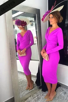 

Simple Mother of the Bride Dresses 2020 Ankle-Lengh Women Long Sleeves V-Neck Fuchsia Wedding Party Gowns vestido de noiva