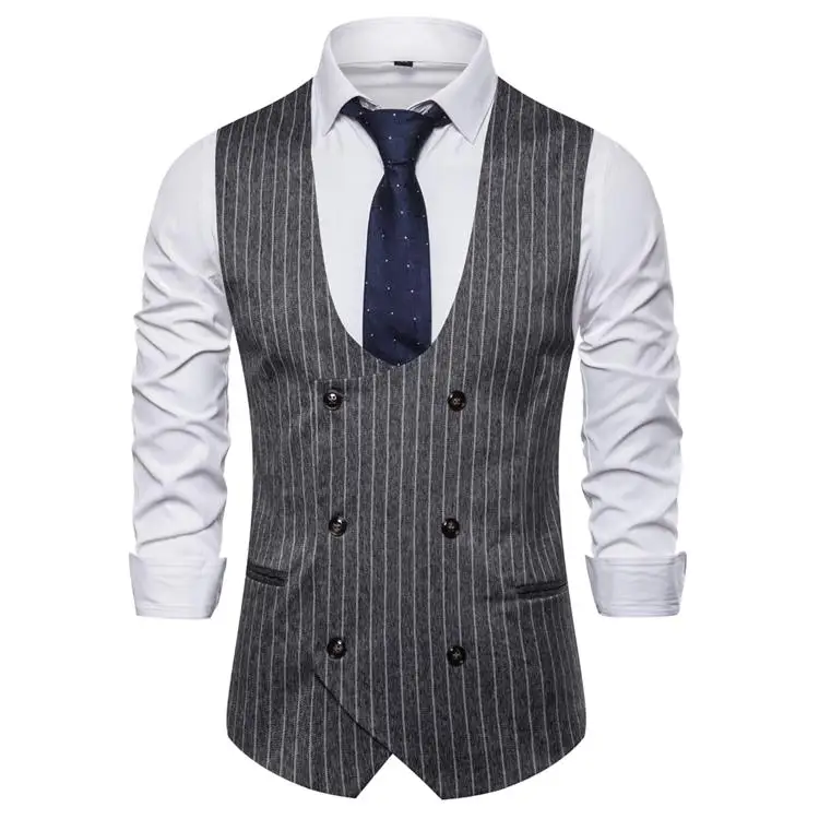 Dark Gray 1401-9730 Полосатый мужской жилет двубортные Сценические костюмы мужские повседневные u-образный вырез уникальный дизайн жилеты и жилеты для мужчин серый темно-синий - Цвет: Dark Gray 1401-9730
