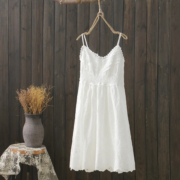 

Seaside Holiday Short-height Waist Hugging Beach Skirt Fairy Crochet Hollow out Lace Backless Strapped Dress S26885
