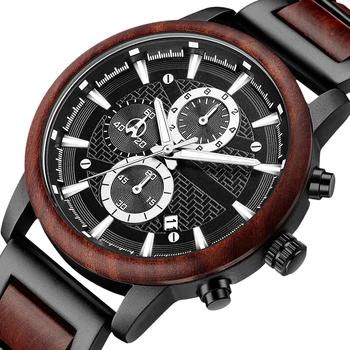 Reloj de pulsera de cuarzo para hombre, cronógrafo de madera y Metal, de lujo, dorado, personalizado, con esfera de acero, regalo de Navidad
