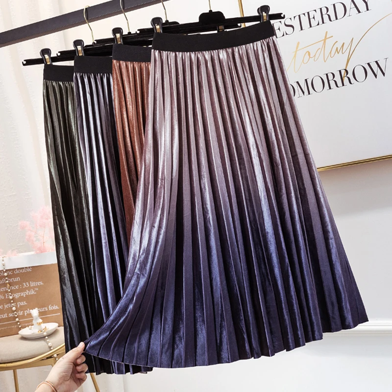 

Autumn Fashion Gradient Color Velvet Pleated Long Skirt Metallic Multi-color Pleuche Winter A-line Skirts Purple Blue