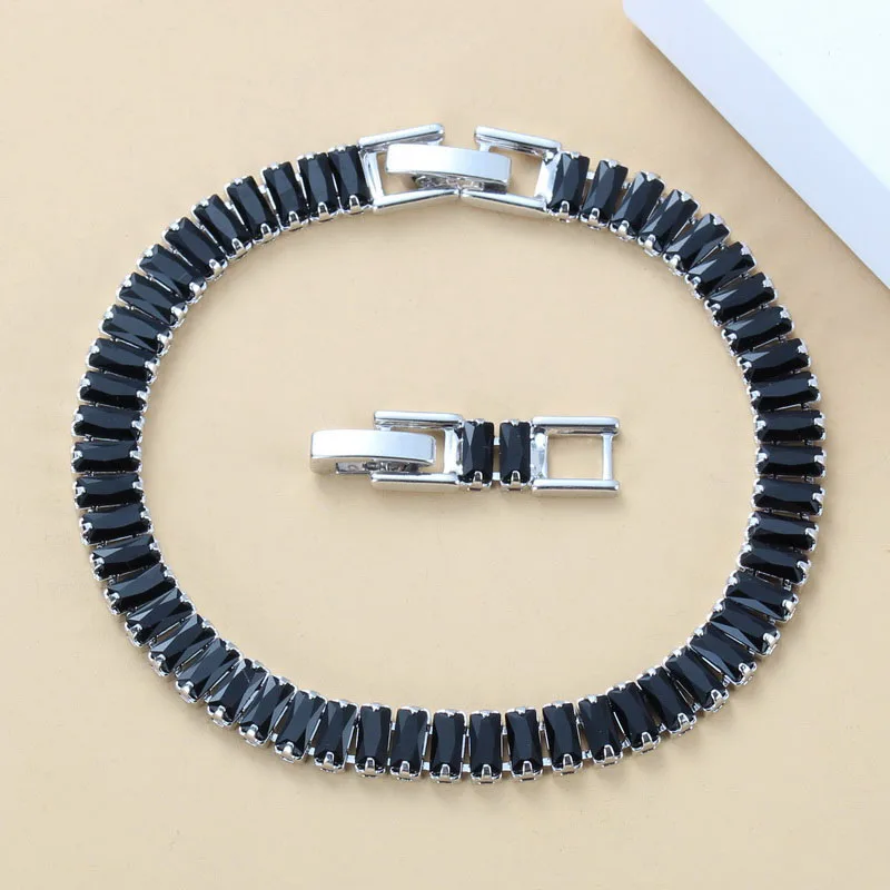 Изысканный 925 пробы серебряные женские ювелирные изделия черный кубический цирконий звено цепи браслет длина 20 см модный костюм
