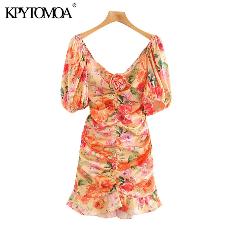 KPYTOMOA Women 2020 Chic Fashion Floral Print Ruffled Mini Dress Vintage Puff Sleeves Backless Bow Tied Female Dresses Vestidos KPYTOMOA Women 2020 Chic Fashion Floral Print Ruffled Mini Dress Vintage Puff Sleeves Backless Bow Tied Female Dresses Vestidos