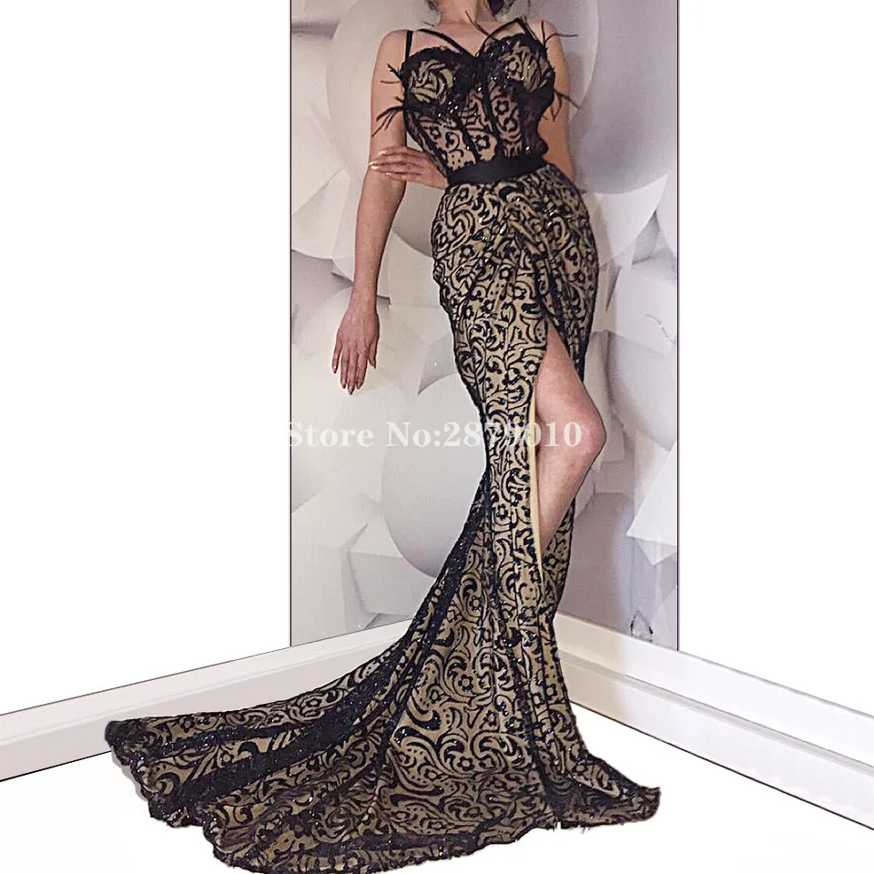 

Middle East Sweetheart Black Mermaid Evening Dress Floor-Length Lace Prom Dress Robe De Soiree Aibye Vestido de festa Slit Dubai