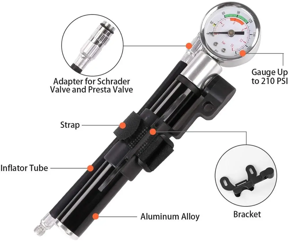 Bike Tire Repair Tool Kit with 210 PSI Gauge Hand Pump 16pcs Bicycle