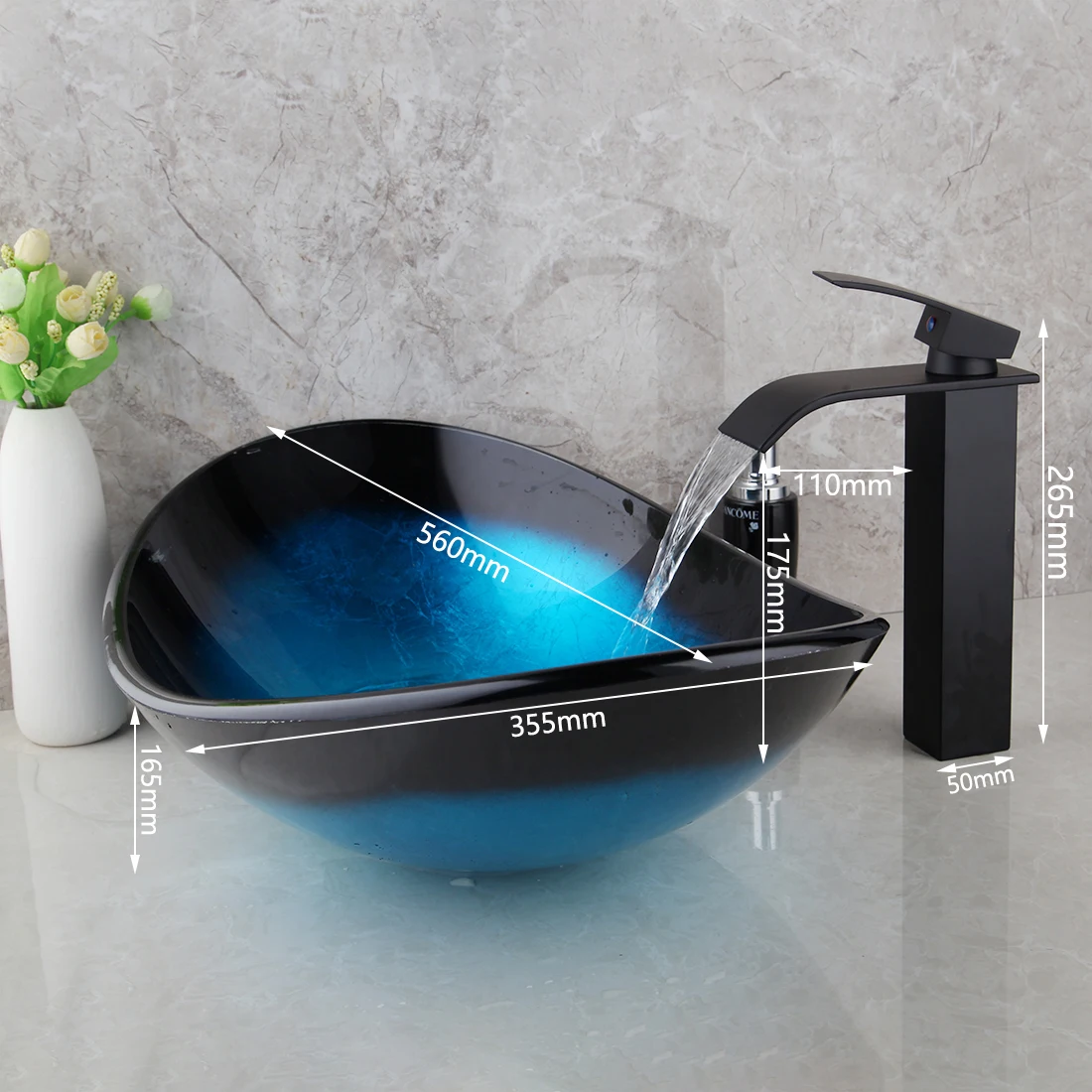 KEMAIDI-grifo de lavabo de vidrio templado, Combo de fregadero con grifos de cascada negra, lavabo sobre encimera