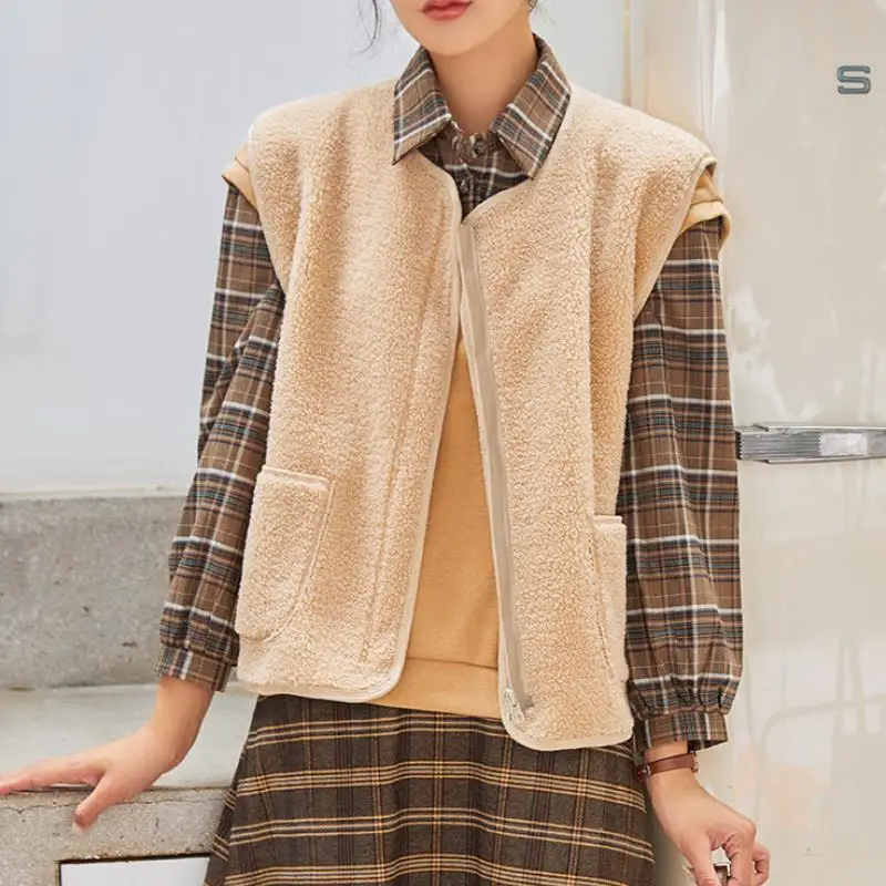 Vest Jacket New Women Solid Short Loose Lambs Plush Vest Women's Fall Winter Korean Style Sleeveless Female Coats Warm Waistcoat 6