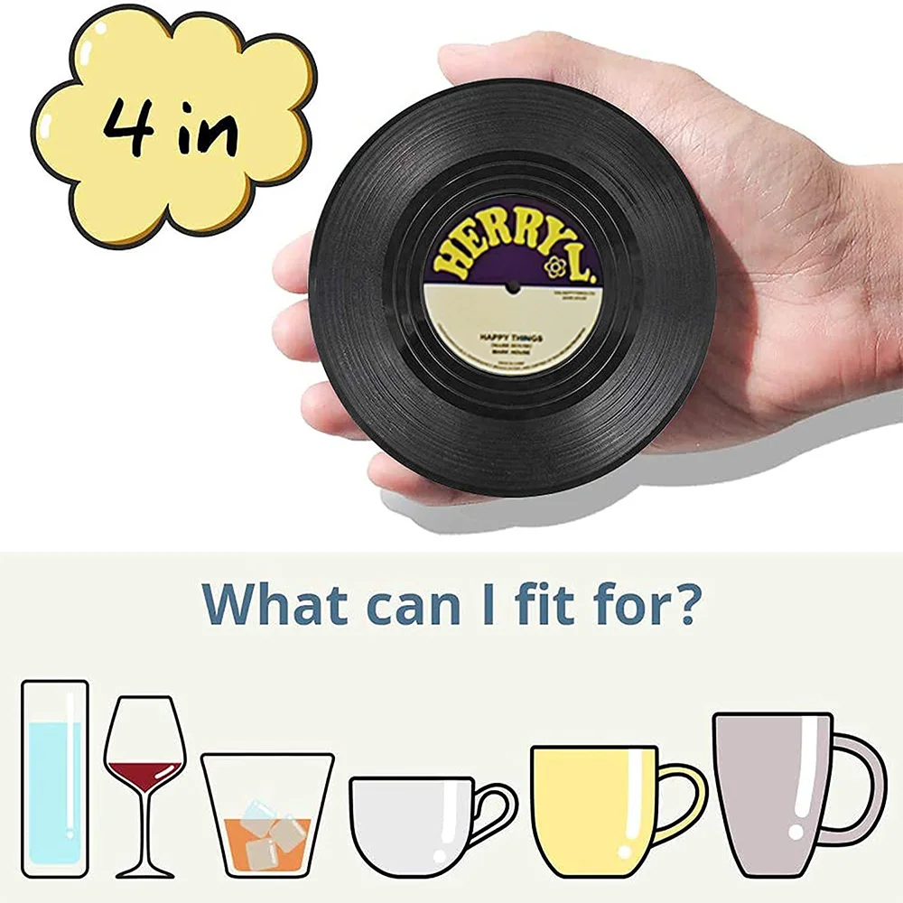 6pcs Anti-slip Retro Cup Mat Vinyl Record Coasters Music Drink Holder Mug Table Placemat Heat-resistant Non Slip ROCKABILLY