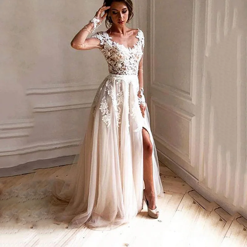 

New A-line Long Sleeves Prom Dresses Sexy High Split Prom Long Elegant Evening Dresses vestido de formatura longo Custom Made