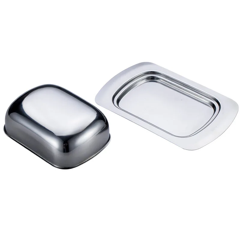 

Silvery Stainless Steel Butter Dish Box Container Cheese Server Storage Keeper Tray with Hold Lid Fruit Salad Cheese Dish