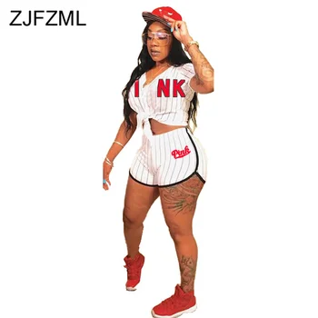 

Plus Size Casual 2 Piece Matching Sets Summer Clothes For Women Letter Striped Top And Biker Shorts Fashion Two Piece Sweat Suit