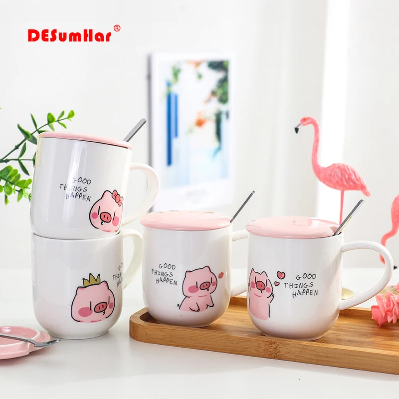 400ml Cute cartoon pink pig ceramic mug with lid spoon,Porcelain Mugs Personality Ceramic Coffee Cup Fun TeaCup Drinkware