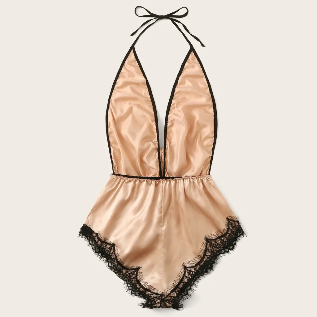 Baby Doll Эротическое нижнее бельё для девочек Feminina кружевное платье с v-образным вырезом; нижнее белье с лямкой на шее искушение Lenceria пятностойкий шёлк бантом Тедди для сна, пижамы