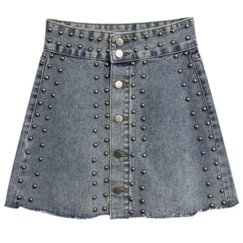 

High waist Single Breasted Denim Skir Summer Loose Plus Size Mini Skirt Fashion Rivet Washed Ripped Jeans Short Skirts Female