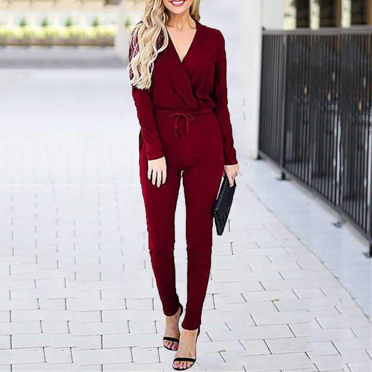 

Women V Neck Long Sleeve Lace up Casual Jumpsuit Autumn 2019 Female Wine Red Elastic Waist Slim Playsuit Office Ladies Overalls