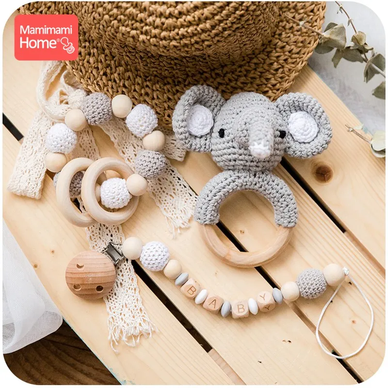 

Baby Wooden Teether Crochet Animal Toys Wooden Blank Rodent Deer Rattle Pacifier Clip Pendant Silicone Beads Children'S Goods