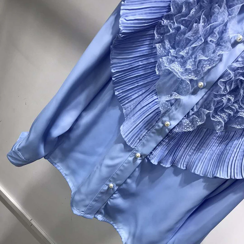 AELESEEN High Quality Blue Blouse Runway Fashion