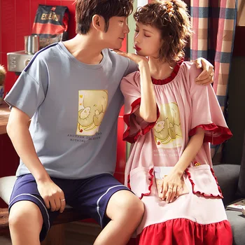 

Cute summer pajama set 2020 pajama set short sleeve tops + pants ladies cartoon print couple lover pajamas