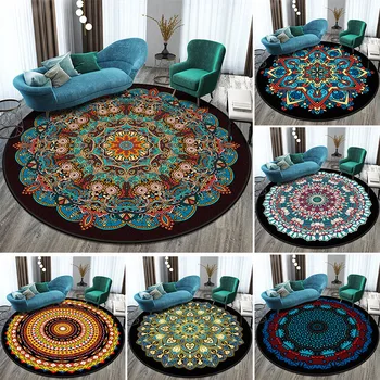 

Carpets for Living Room Ethnic Style Vintage Mandala Flower Pattern Round Carpet Rugs for Children Rooms 100% Polyester
