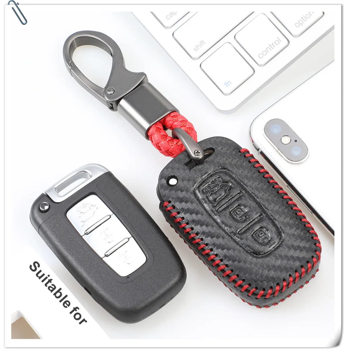 Keyforkess 3 pulsanti telecomando portachiavi custodia in pelle custodia adatta per HYUNDAI Elantra GT Azera Car Styling in fibra di carbonio - H12be2d4768d641a3bd3635b22176f915M