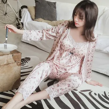 

Women's Summer Sexy Slip Nightdress Nightgown Three-Piece Set Women Silk Pajamas Set with Robe