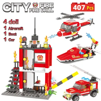 

407PCS Fire Station Sets Blocks Compatible with City Fire Rescue Car Helicopter Boat Truck Bricks Toys for Children