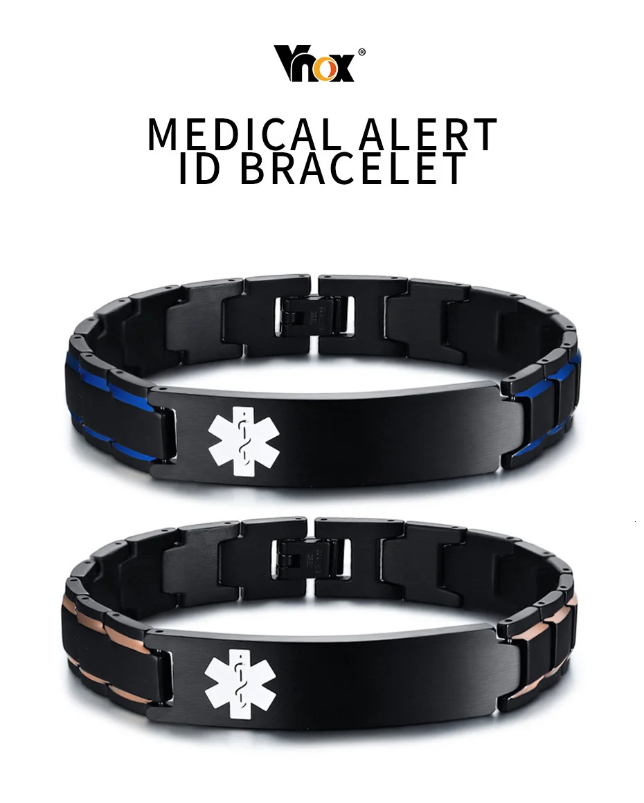 Vnox, гравировка, 12 мм, медицинские браслеты для мужчин, нержавеющая сталь, мужской браслет для диабета 1 типа