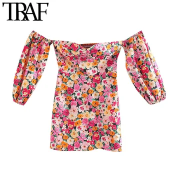 

TRAF Women Sexy Fashion Floral Print Mini Dress Vintage Slash Neck Short Sleeve Side Zipper Female Dresses Vestidos